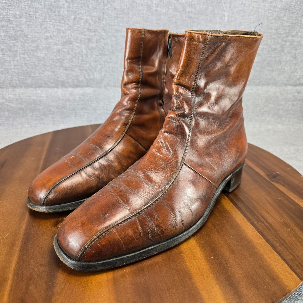 Vintage Mens Brown Leather Side Zip Square Toe Ankle Boots Size 11 D 93164 CI - Picture 12 of 14